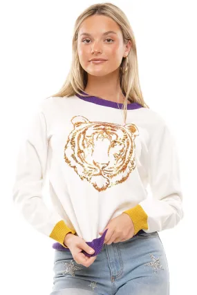 Women's Sweater White Purple Trim