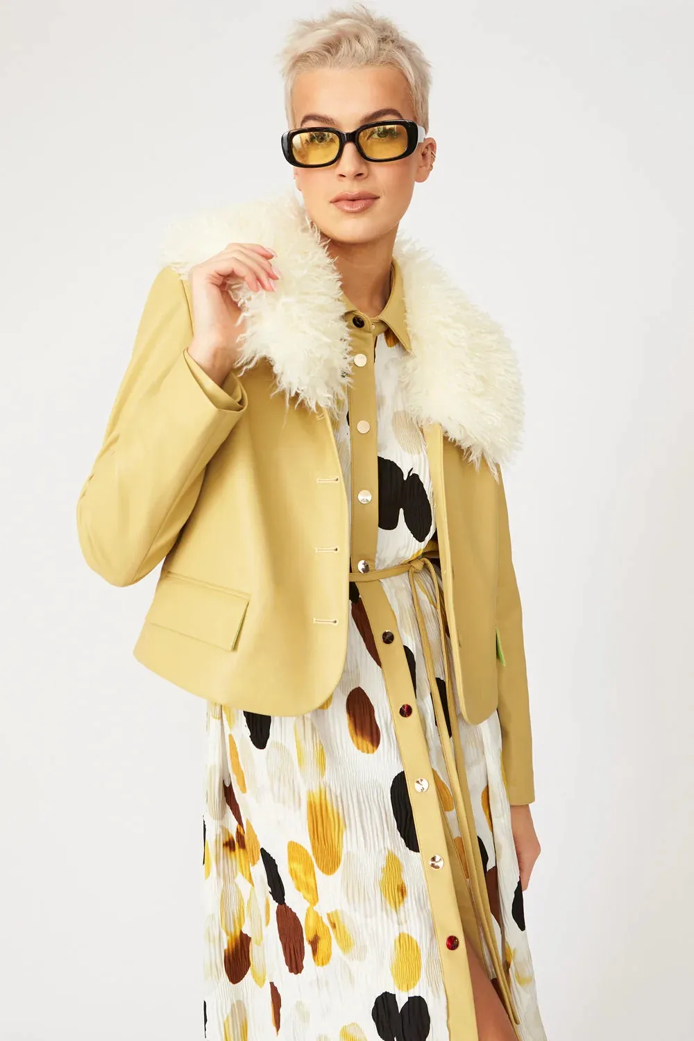 Yellow Faux Leather Jacket With Faux Shearling Collar